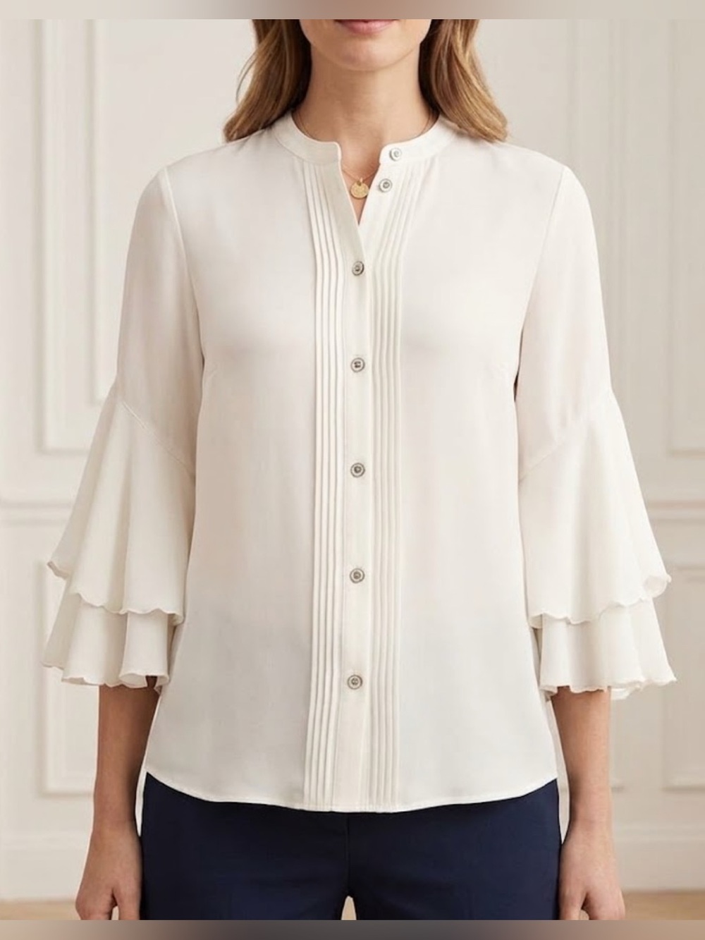 CAbi Ivory White Bell Sleeve Band Collar Button-Up Blouse